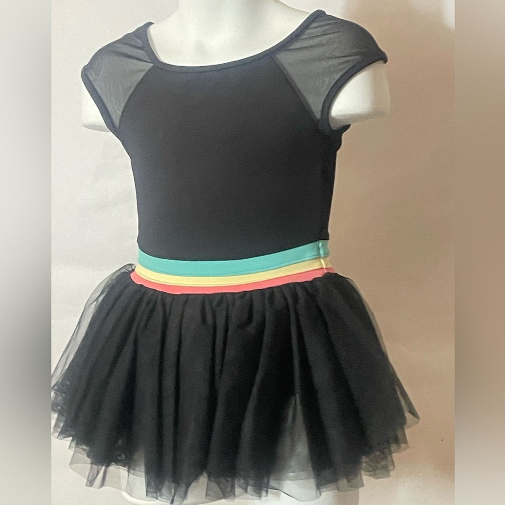 Bloch girls' skirted leotard in black with melon/yellow/aqua accents SM 4-6